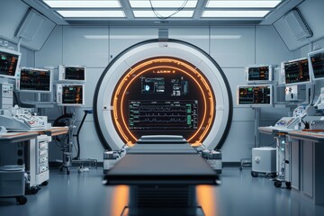 A high-tech medical room featuring advanced imaging equipment and an illuminated circular scanner.