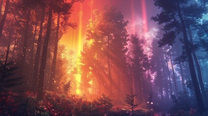 Fototapeta premium A surreal and vibrant forest scene with colorful light beams illuminating the trees and undergrowth.