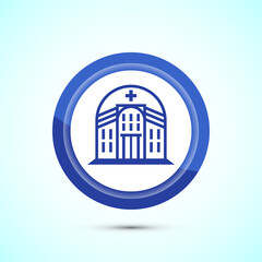 Hospital building icon design illustration, Medical sign symbol. Blue Color Button Design