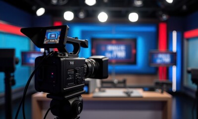 Camera on tripod takes video or photo performance in front of large audience