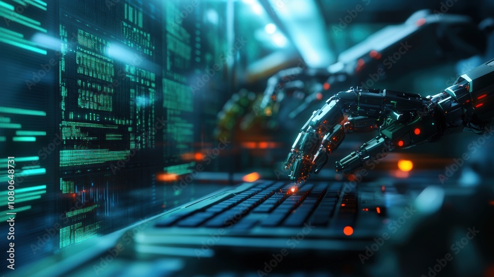 Poster futuristic robot arm typing on keyboard, showcasing ai and cybersecurity with digital interface.