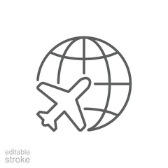 Globe plane icon. Simple outline style. Travel around the world, airplane, world map, globe, round, circle, transportation concept. Thin line symbol. Vector illustration isolated. Editable stroke.