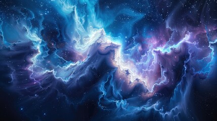 A vibrant, abstract nebula with swirling colors of blue, white, and pink, against a dark starry background.