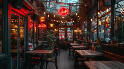 A cozy outdoor patio with wooden tables and chairs, lit by string lights and a neon sign.