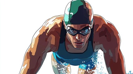 a 2D cartoon illustration of a swimmer getting ready for a race, focused and competitive, white background--ar 16:9