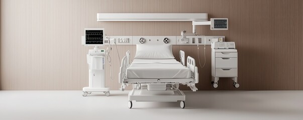 A modern hospital room featuring a clean, white patient bed surrounded by advanced medical equipment against a warm wooden backdrop.
