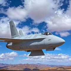 Obraz premium a jet fighter aircraft flying in the blue cloudy sky