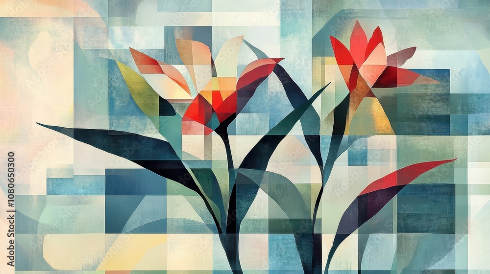 Wall mural cubist flowers with sharp shapes and bold hues on a structured backdrop