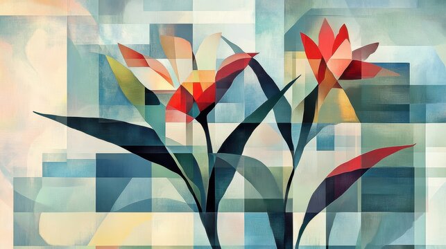 Fototapeta Cubist flowers with sharp shapes and bold hues on a structured backdrop