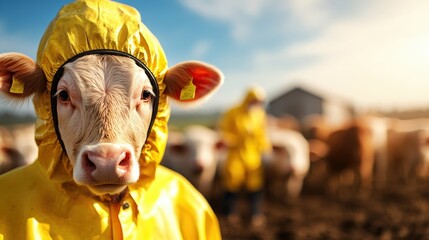 A cow wearing a yellow raincoat stands in a muddy farmyard, with other cattle and a barn visible behind, emphasizing quirkiness and adaptability.