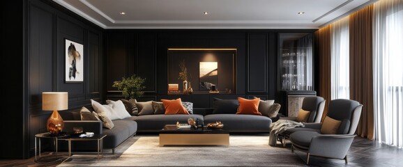 Modern Living Room with Black Walls, Grey Sofa, and Gold Accents