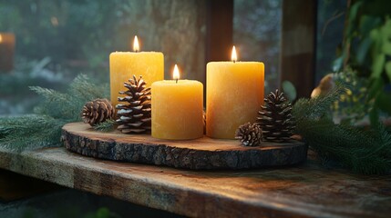 Three glowing candles on a wooden slab, surrounded by pine cones and foliage, create a warm, inviting atmosphere perfect for a cozy winter evening.
