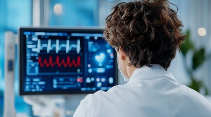 Healthcare professional analyzing vital signs on advanced medical monitor in laboratory environment