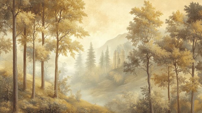 Renaissance forest with glowing trees and ancient ruins in misty sunlight