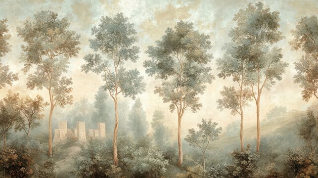 Stately trees in soft Renaissance light with mist and gentle shadows