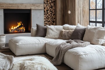 Fototapeta premium Cozy Living Room with Fireplace, Sofa, and Plush Pillows