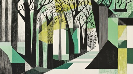 Constructivist forest with bold geometric trees and industrial influences