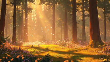 Fototapeta premium Misty sunlit woods with soft shadows creating a nostalgic forest scene