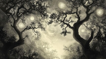 Dark mysterious trees with glowing symbols emerging from swirling mist