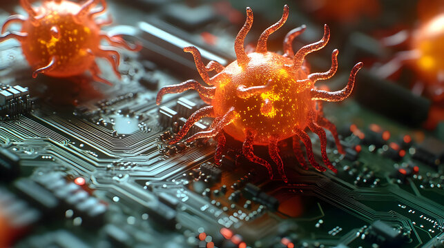 Cybersecurity Threat: 3D Illustration of Virus on Circuit Board