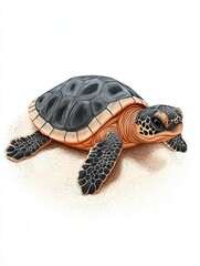 Fototapeta premium Turtle on sandy beach, white isolate background