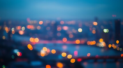 Defocused city lights at night with a river.