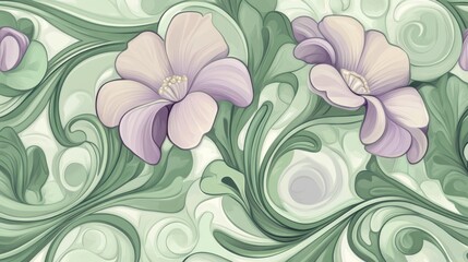 Elegant floral pattern with purple blossoms and green swirling leaves