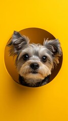 Cute dog poking head through bright yellow circle