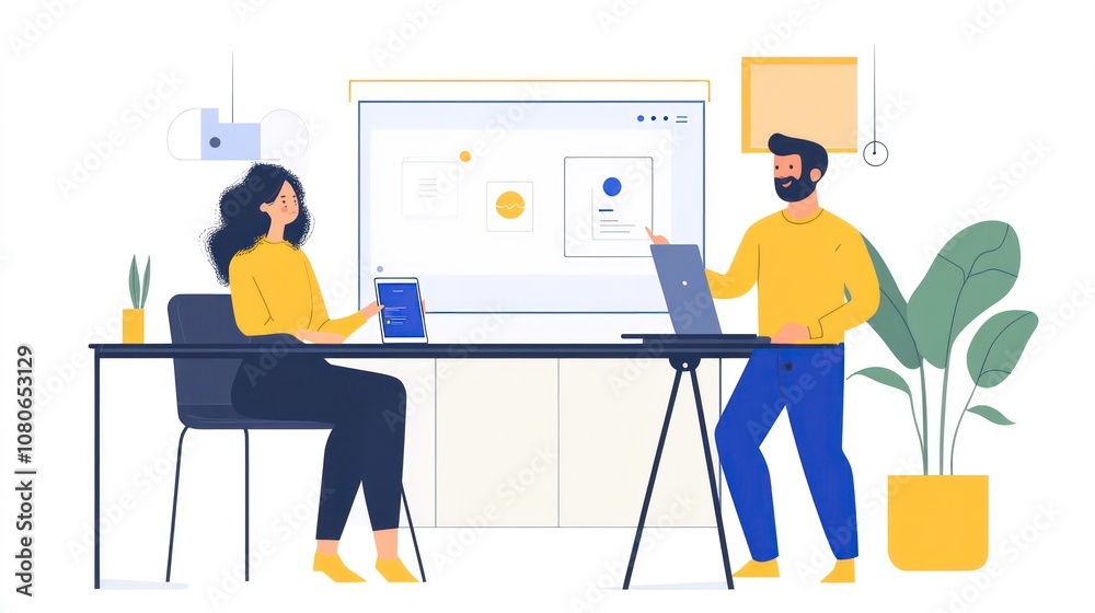 Poster a man and a woman sit at a desk in a brightly lit office, collaborating on a project. they are looki