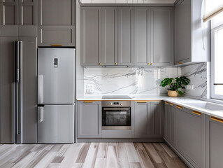 Fototapeta premium A modern kitchen with the neoclassical design style. The kitchen is well-lit and has a clean, minimalist design. 