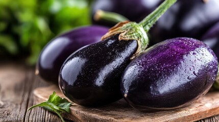 Glossy purple eggplants are artfully arranged on a rustic wooden table, showcasing rich textures and tones, perfect for culinary creativity and visual appeal.