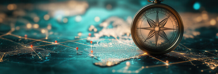 A compass on top of a world map, pointing towards various locations with pins or markers representing travel paths and business ethnographic concepts.