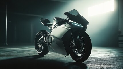 Garage scene matte bike directional light casts shadows polished metal shines rough floor contrasts bike’s smooth surface