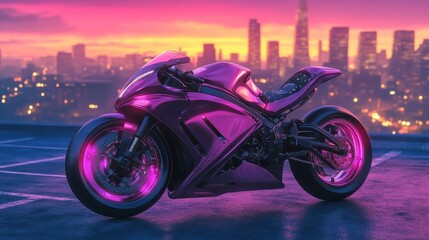 Bike on rooftop dawn lights up cityscape purple glossy finish mirrors morning glow calm urban atmosphere