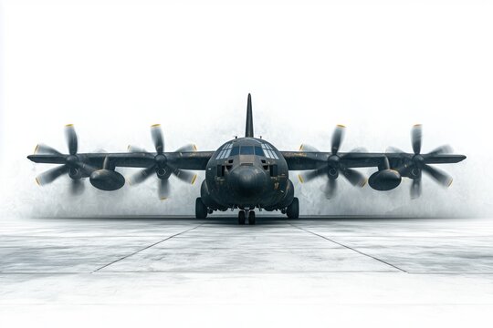 The aircraft waits on the runway, engines roaring, mist swirling in the early morning light