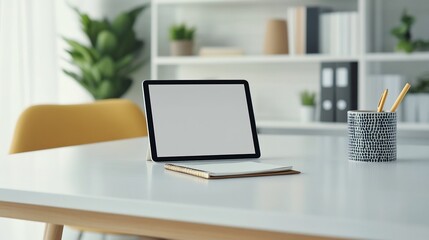 Fototapeta premium Clean white desk workspace with blank tablet and office supplies