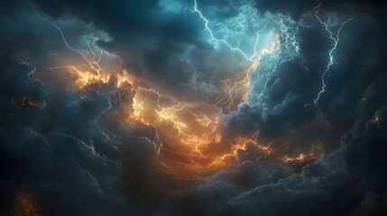 Dramatic stormy sky with lightning bolts striking through dark clouds.