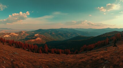 Naklejka premium Panoramic view of a mountain range with a blue sky and white clouds.
