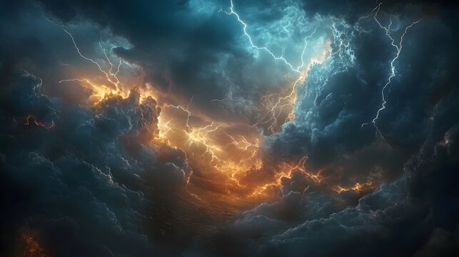 Dramatic stormy sky with lightning bolts striking through dark clouds.