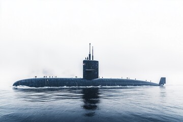 Fototapeta premium A submarine sails smoothly in the serene ocean, surrounded by fog and tranquility as dawn breaks