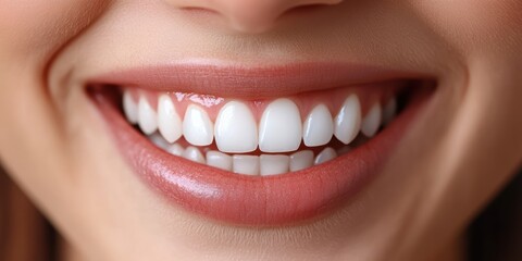 Obraz premium A close-up image showcasing a smiling person with perfect white teeth and healthy gums, highlighting dental hygiene and oral health