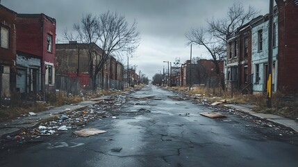 Obraz premium Desolate urban street with debris and abandoned buildings under a gray sky.