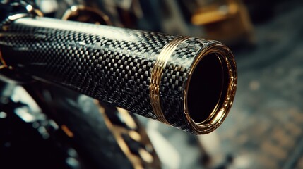 Carbon fiber exhaust shines in close-up polished tip reflecting smooth light