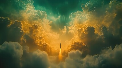 The missile rises rapidly through the vibrant clouds at twilight, leaving a trail of light as it soars into the sky