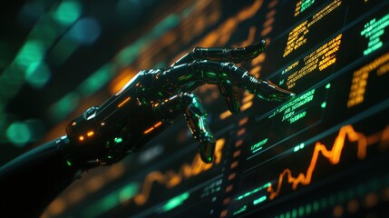 Futuristic robotic hand interacting with digital financial data on a glowing screen in a dark setting.