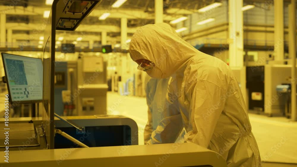 Fototapete semiconductor fabrication process lab: engineers in cleanroom protective suits inspect a silicon waf