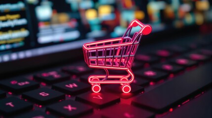 Shopping cart icon in neon pink light on laptop keyboard, online shopping and e-commerce concept, digital retail, cyber commerce, convenience in buying