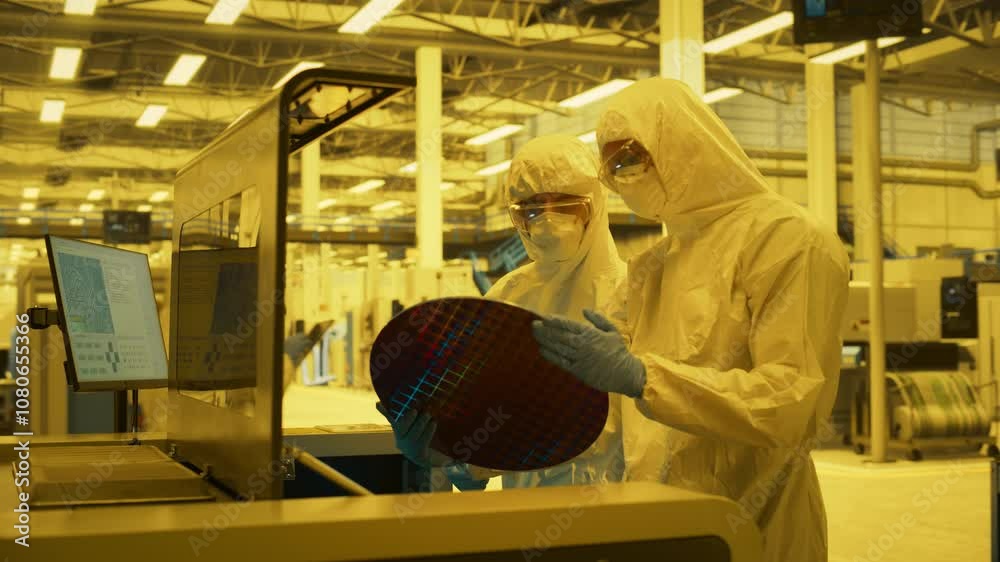 Poster cleanroom technicians hold silicon wafer in a advanced semiconductor fabrication facility. high tech