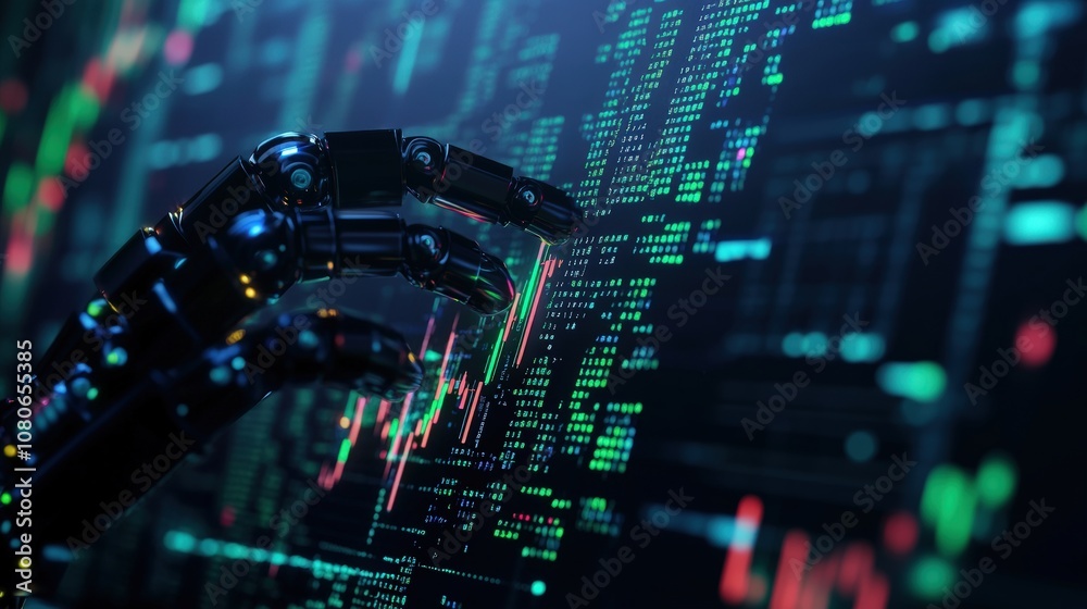 Poster futuristic robotic hand interacting with digital screen displaying data and graphs in a tech environ