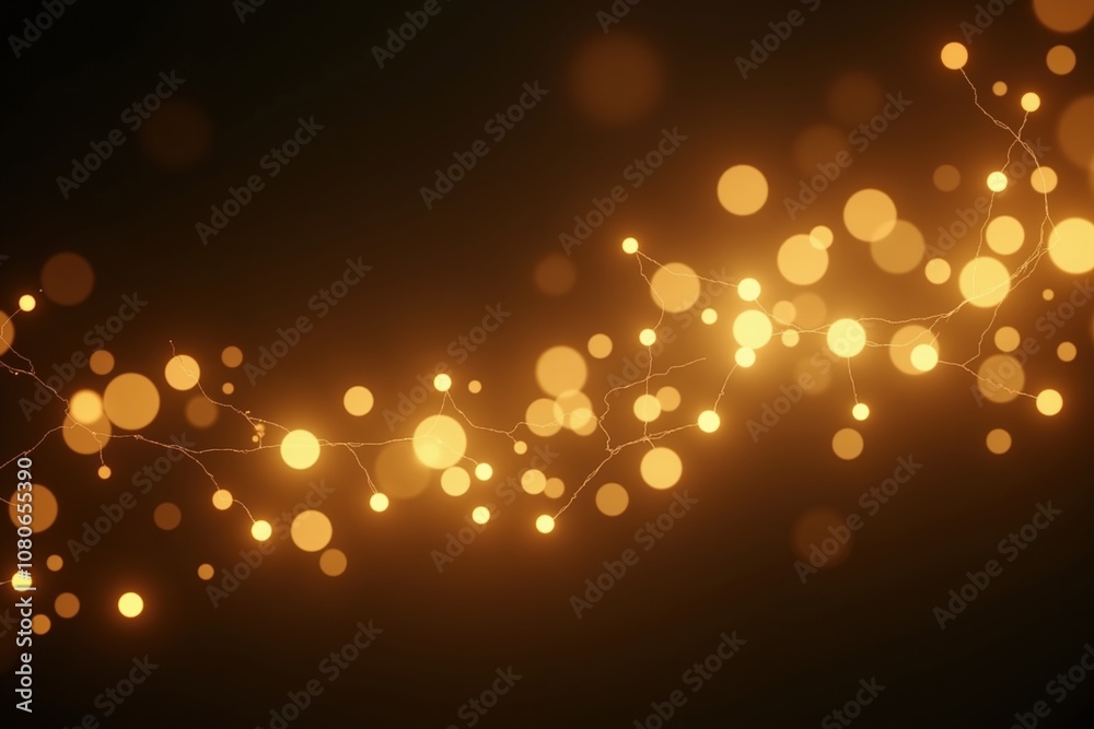 Wall mural glowing golden bokeh with sparkling lights and abstract twinkling circles on dark background.